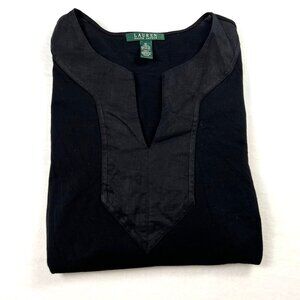 Lauren Ralph Lauren Black Tunic Blouse Notch Collar 3/4 Sleeves M Green Label